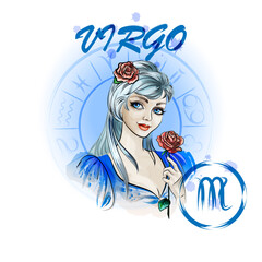 Zodiac sign Virgo.Portrait of a lady with roses in the zodiac circle.eps