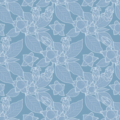 Floral vector seamless ornament with belladonna plant in graphic style on a blue background. Seamless pattern. Wrapping paper, scrapbooking, fabric, textile, decor, decoration. 