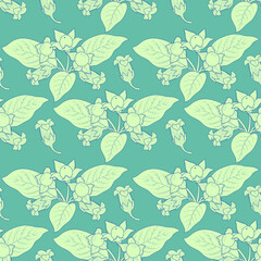 Floral vector seamless ornament with belladonna plant in graphic style on a blue background. Seamless pattern. Wrapping paper, scrapbooking, fabric, textile, decor, decoration. 