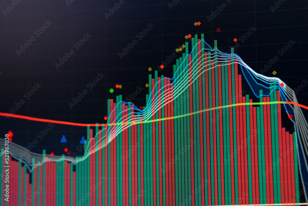 Poster stock market data on digital led display. fundamental and technical analysis with candle stick graph