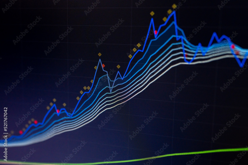 Poster stock market data on digital led display. fundamental and technical analysis with candle stick graph