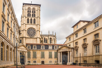 Fototapeta premium View at the Library courtyard and Bell tower of Cathedral of Saint John the Baptist in the streets of Lyon - France