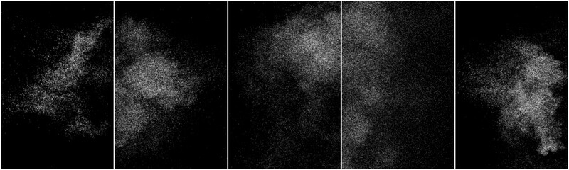 Set of abstract white grainy texture isolated on black background. Dust overlay textured. Grain noise particles. Snow effects. Design  element. Vector illustration, EPS 10.  