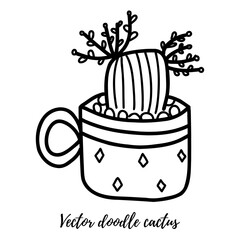 Vector doodle cactus illustration. Black line art house plant in a pot. Great for different kind of designs and backgrounds