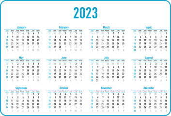 2023 year calendar on white background. Vector illustration