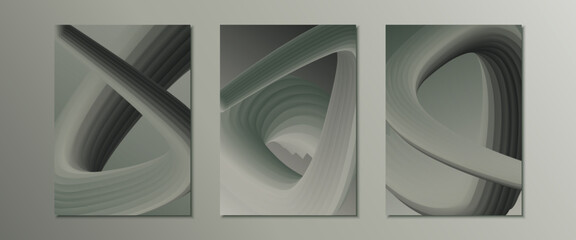 Cover design with abstract 3d shapes in gray tones. A set of three paintings for wall art.