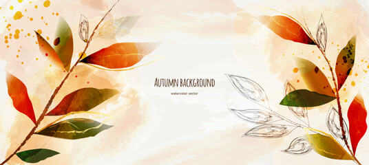 Fototapeta na wymiar Autumn background with leaves. Vector watercolor landscape. Abstract art.