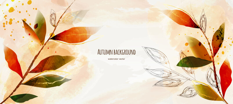 Autumn background with leaves. Vector watercolor landscape. Abstract art.