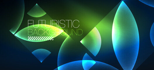 Shiny neon geometric abstract background. Glowing lights on round shapes, triangles and circles. Wallpaper for concept of AI technology, blockchain, communication, 5G, science, business