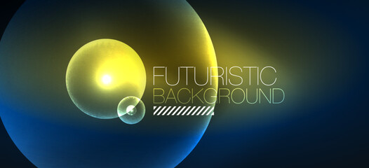 Shiny neon geometric abstract background. Glowing lights on round shapes, triangles and circles. Wallpaper for concept of AI technology, blockchain, communication, 5G, science, business