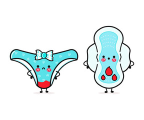 Cute, funny happy blue panties and menstrual pad with blood. Vector hand drawn cartoon kawaii characters, illustration icon. Funny happy cartoon blue panties and menstrual pad mascot friends © Yevhen