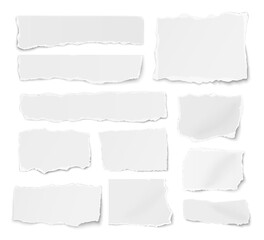 Set of paper different shapes ripped scraps fragments wisps isolated on white background. - obrazy, fototapety, plakaty