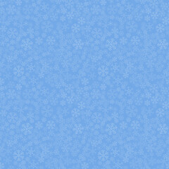 Seamless winter background consisting of snowflakes of different shapes. White snowflakes and blue background. Pattern for packaging paper. Christmas and new year symbol and mood.