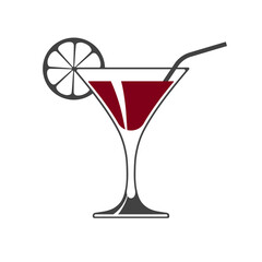 Vector icon of wine glass with slice of lemon and straw isolated on white background.