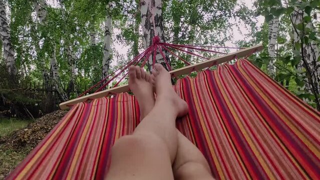 hammock male feet, first person, in a birch grove