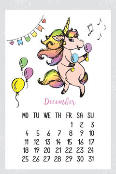 Calendar december 2023 with cute unicorn. Monthly calendar in hand drawn style. Creative schedule with magic horse. Calendar grid, monday first, printable poster or banner.
