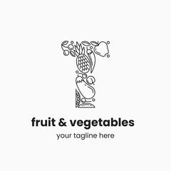 Letter T made of fruit and vegetables. Organic food logo concept. Stock vector illustration.