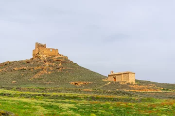 Papier Peint photo autocollant Cerro Torre Paisaje en el que aparece en primer plano la ermita de Nuestra Señora de la Torre, en la provincia de Zaragoza y, en lo alto, el castillo de la Raya en la de Soria. España.