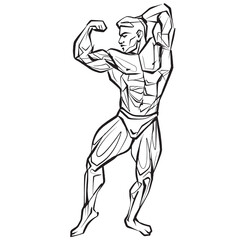 Posing bodybuilder, isolated vector silhouette, ink drawing