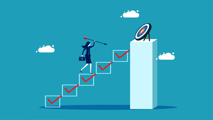 The development process. a business woman walking up the stairs towards a goal vector