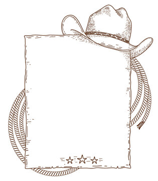 Cowboy paper background. Vector hand drawn illustration with Country cowboy hat, lasso on white background.