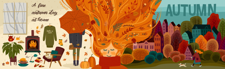 Autumn banner with peopel and nature. Hand drawn graphic arts and textures. Vector design