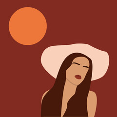 Abstract portrait illustration of woman in a hat. Contemporary portrait. Fashion girl silhouette pastel colors, retro woman portrait for social media. Vector contemporary art illustration. EPS10