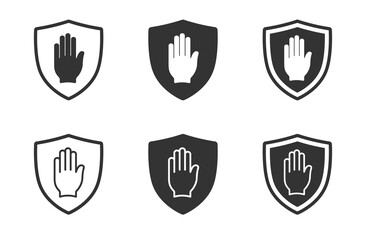 Security shield icon. Stop icon. Hand block symbol. Vector illustration.