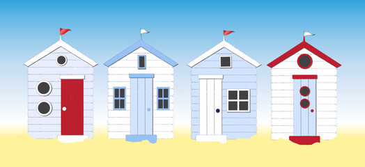 Obraz na płótnie Canvas A row of beach huts against blue sky and sand. Eps10 vector format.