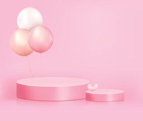 Product display podium with pearls balloon on pink background, 3D rendering podium. Vector Pink pastel podium minimal style.