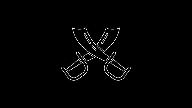 White line Crossed pirate swords icon isolated on black background. Sabre sign. 4K Video motion graphic animation