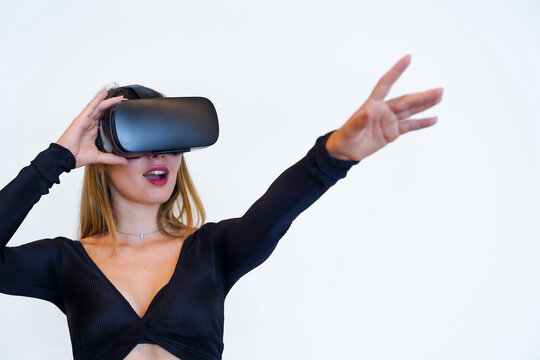 Woman With Virtual Reality Glasses On White Background, Futuristic Concept, Metaverse, Parallel Virtual Life