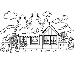 Fototapeta premium Scandinavian house coloring page. Outline illustration with cat, house, flowers, mountains. Nature, landscape house.
