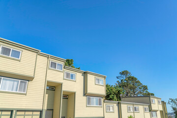Low angle view of a townhouses exterior with light green vinyl lap sidings with trees at the back