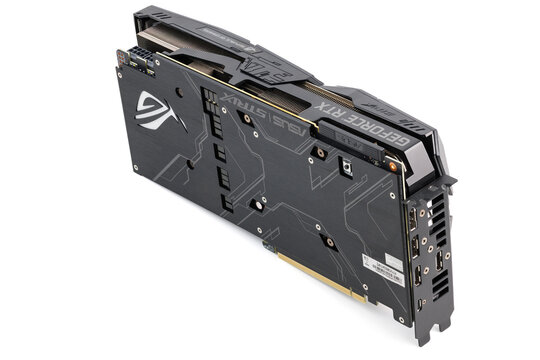 Asus ROG Strix Advanced Nvidia RTX 2070 super - big black contemporary gaming graphics card isolated on white background in Tula, Russia, - July 27, 2022