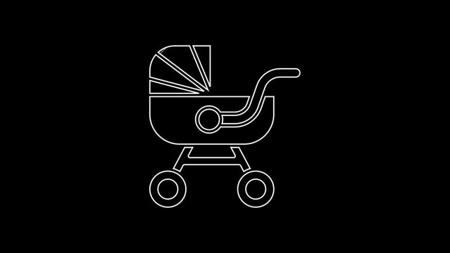 White line Baby stroller icon isolated on black background. Baby carriage, buggy, pram, stroller, wheel. 4K Video motion graphic animation