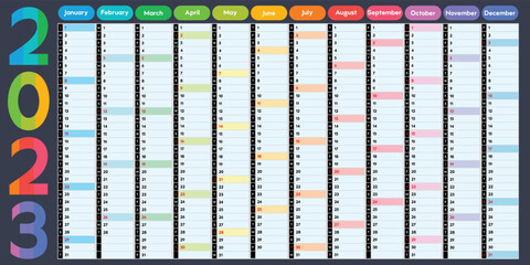 Calendar for 2023, daily event planner with bright multicolored design, vector color illustration