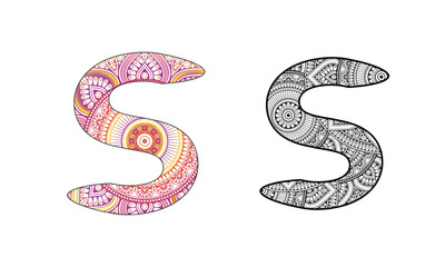Letter S monogram with mandala, engraving design. Vector illustration for coloring. Color and outline set