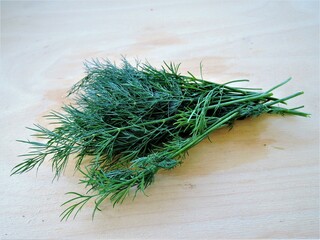 Vegetarianism. Green dill leaves are lying on the table.
