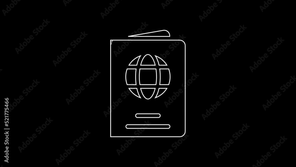 Poster white line passport with biometric data icon isolated on black background. identification document. 