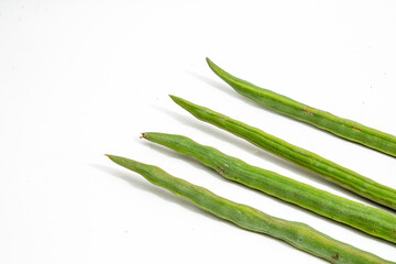 Drumstick seeds green moringa oleifera beans white background