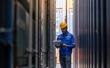 Container worker is doing his daily inspection routine in the container yard.