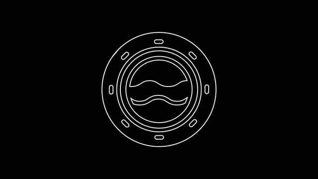 White line Ship porthole with rivets and seascape outside icon isolated on black background. 4K Video motion graphic animation