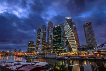 Naklejka premium Moscow City district in the evening in Moscow