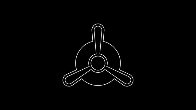 White line Plane propeller icon isolated on black background. Vintage aircraft propeller. 4K Video motion graphic animation