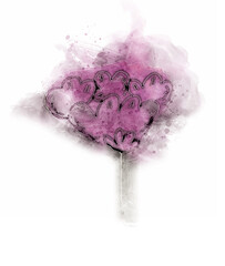 handmade purple flower with black lines in watercolors with splashes and swooshes