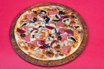 Delicious mixed pizza with rich content. Menu concept of choice and diversity. Pepperoni, Formaggi, Veggie, Karisik pizza