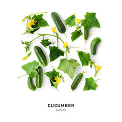Cucumber with flower and leaves pattern on white background.