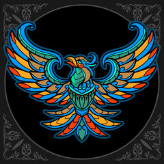 Colorful Phoenix bird zentangle arts isolated on black background