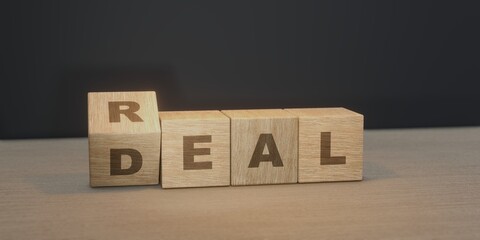 Real deal wooden block cubes flip. 3D render concept illustration with empty space for copy paste text.